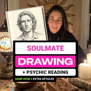 Könnte beinhalten: Eine schwarz-weiße Bleistiftskizze einer Person mit welligem Haar in einem offenen Buch. Der Text auf dem Overlay lautet SOULMATE DRAWING + PSYCHIC READING, SAME HOUR + EXTRA DETAILED in fetter rosa, weißer und schwarzer Schrift auf einem Rechteck.