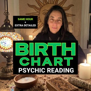 May include: A birth chart psychic reading service advertisement featuring text that reads SAME HOUR + EXTRA DETAILED and BIRTH CHART PSYCHIC READING. The image includes a mosaic lamp, a wooden bowl of salt, a carved wooden box, and a sage bundle.