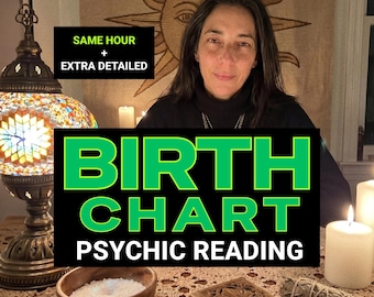 Pode incluir: Um anúncio de serviço de leitura de mapa astral com o texto SAME HOUR + EXTRA DETAILED e BIRTH CHART PSYCHIC READING. A imagem inclui uma luminária de mosaico, uma tigela de madeira com sal, uma caixa de madeira esculpida e um maço de sálvia.