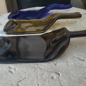 Slumped wine bottle, melted bottle art, glass bottle serving tray, glass bottle spoon holder, slumped wine bottle tray, bottle spoon rest