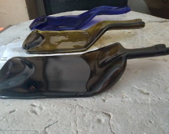 Slumped wine bottle, melted bottle art, glass bottle serving tray, glass bottle spoon holder, slumped wine bottle tray, bottle spoon rest