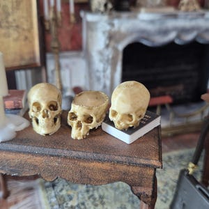 May include: A miniature scene featuring two off-white human skull replicas and one skull-shaped bowl resting on a small, weathered brown wooden table. Beside the skulls are two white pillar candles with melted wax and a small black book.