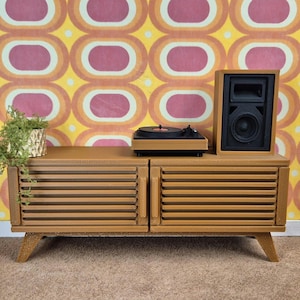 Puede incluir: Un centro de entretenimiento en miniatura de estilo moderno de mediados de siglo en tonos marrones. Cuenta con un tocadiscos, un altavoz y un mueble con puertas de lamas. Una pequeña planta en una maceta dorada está a la izquierda. El fondo es un papel pintado retro.