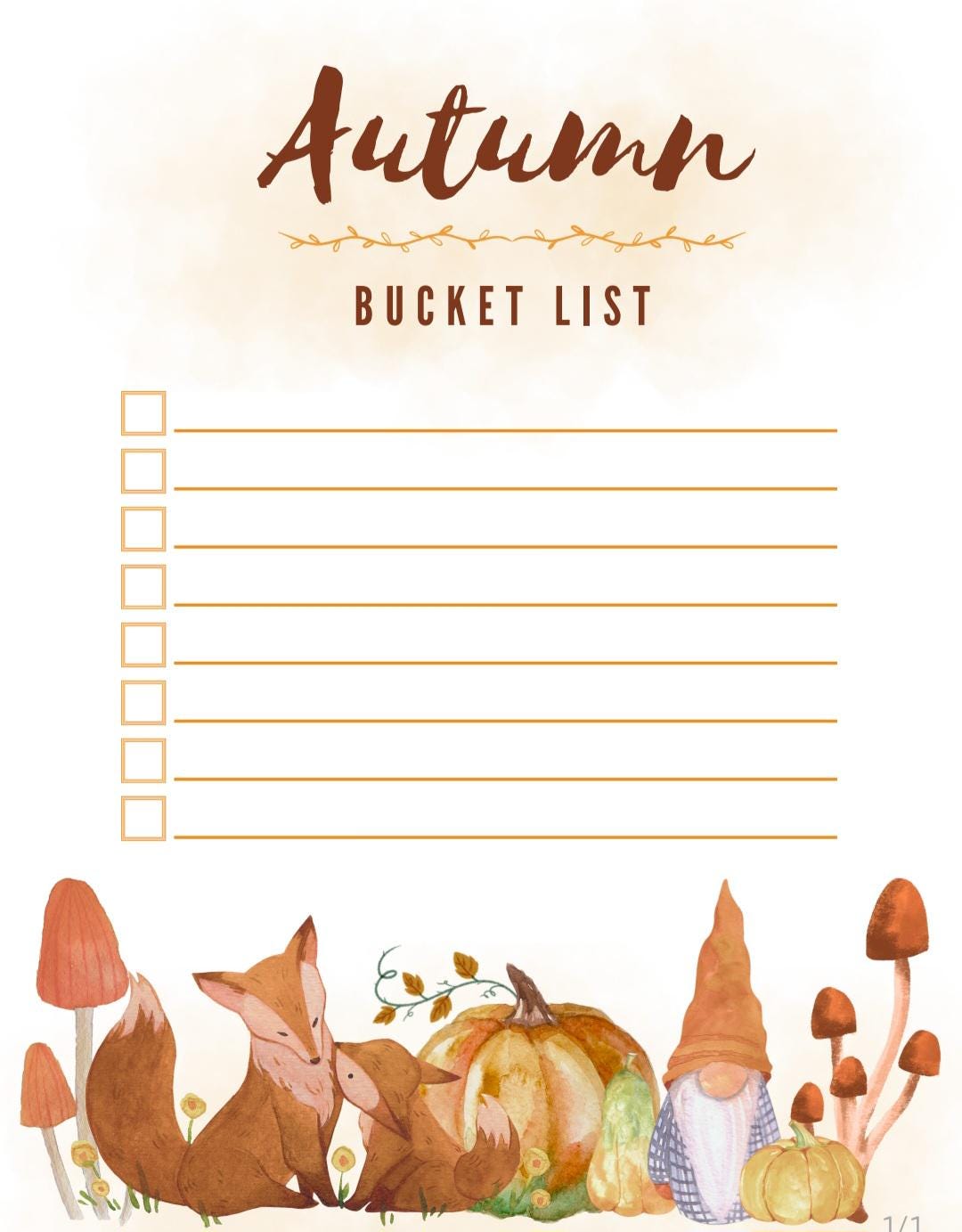 Fall Bucket Outline Printable Autumn Bucket List - Watercolor Fox and Gnome Fall Activity ...