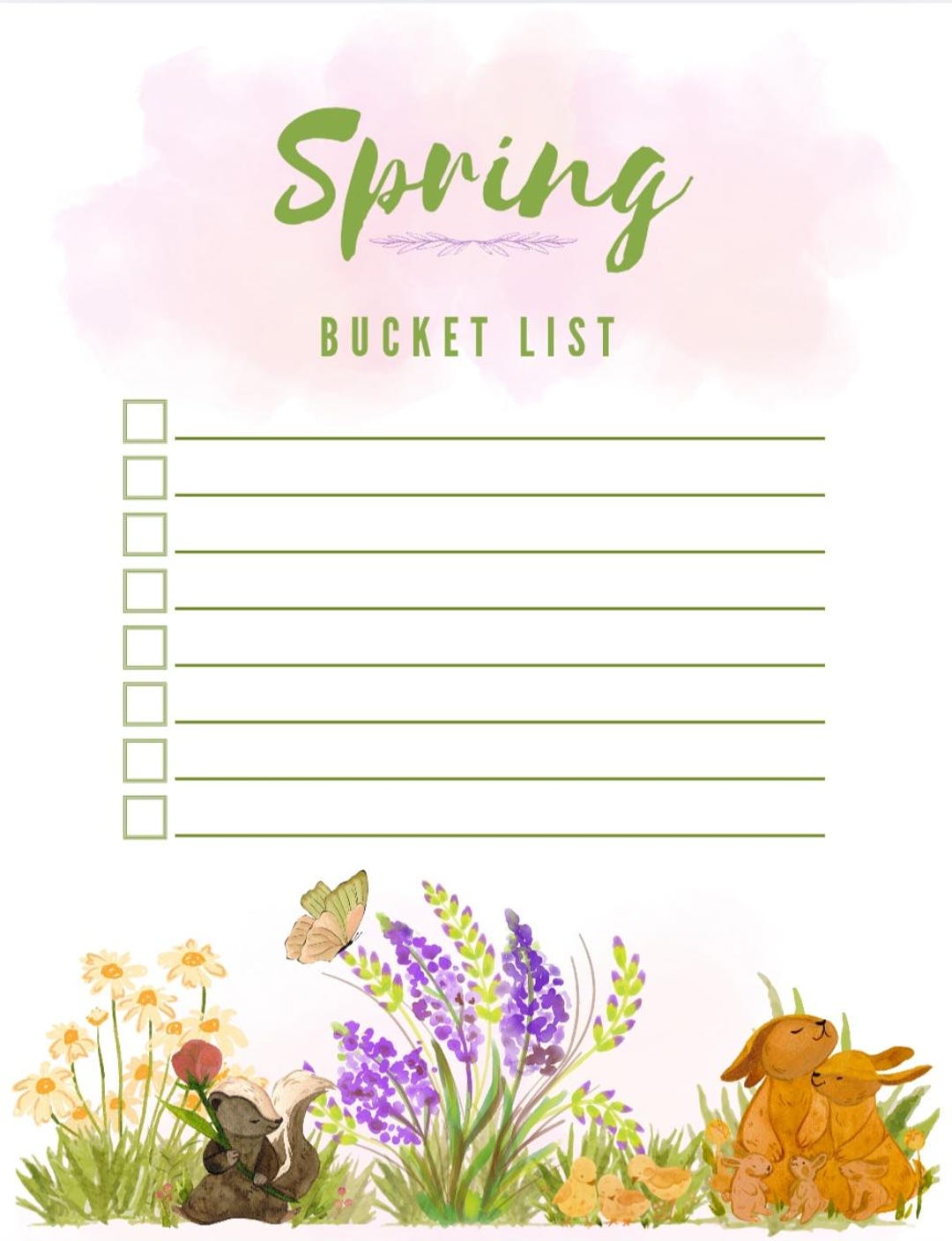 Spring List Printable Printable Spring Bucket List - Watercolor Flowers and Rabbit Spring ...