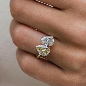 Double Pear-Cut Diamond Open Ring | Customizable Two-Stone Statement Design | 18K, 14K, 10K Gold Options | LetsCreate Jewelry