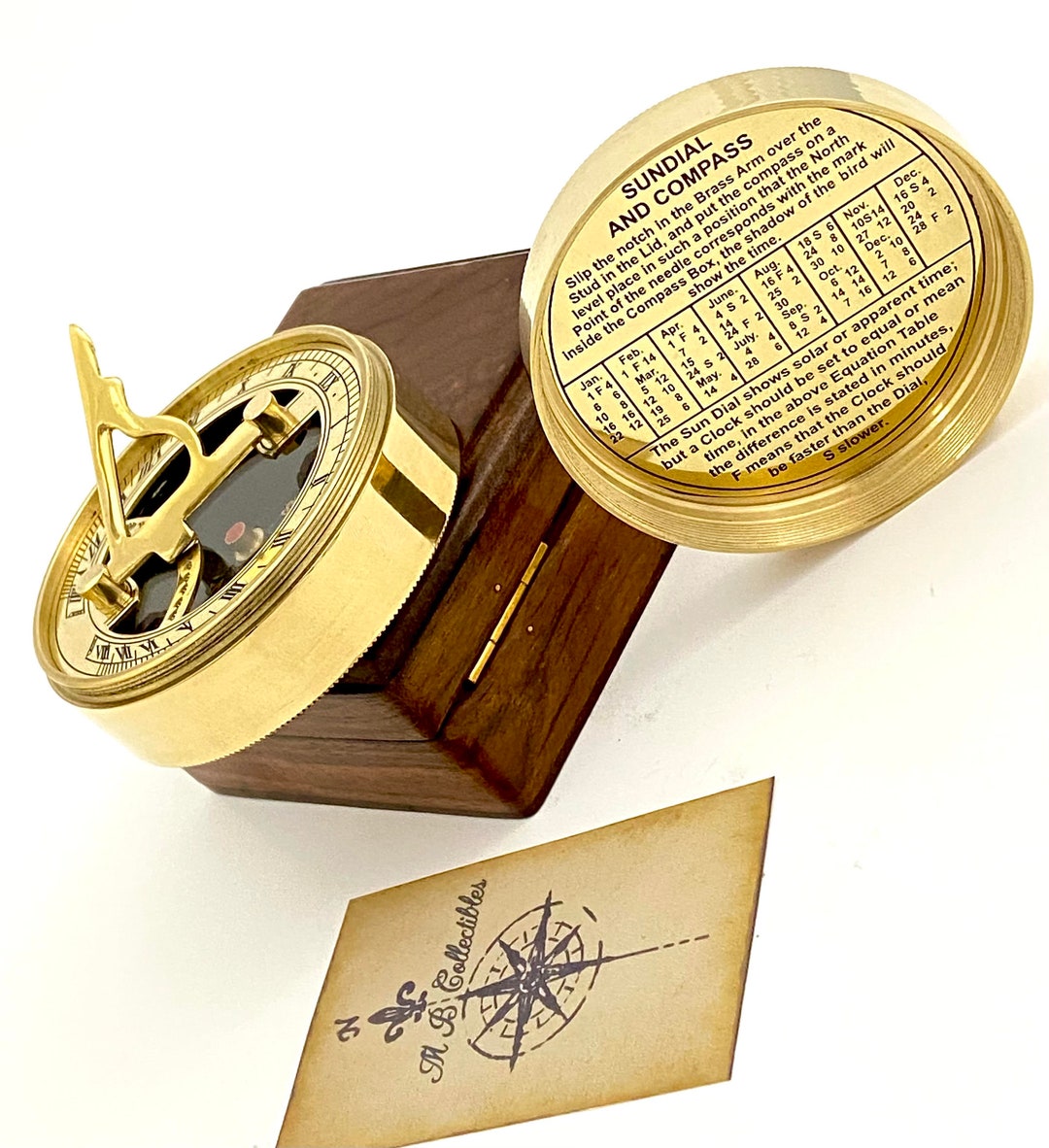 Nautical Sundial Compass With Wooden BOX - Engravable Sundial Compass ...