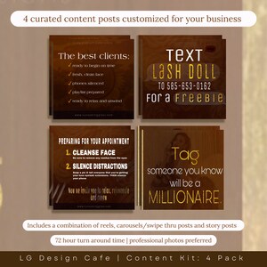 May include: Four social media post templates for a lash business. The first post features a checklist of ideal clients. The second post is a text message template for a lash business. The third post is a checklist for preparing for a lash appointment. The fourth post is a motivational quote about becoming a millionaire.