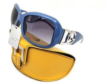 Gafas de sol azules cuadradas de gran tamaño con estuche amarillo