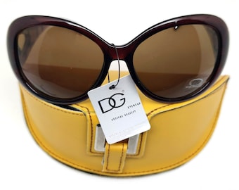Übergroße Schmetterling Sonnenbrille: Braune Tartan Designer Brille mit Gelben Gehäuse