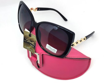 Giselle Butterfly Sunglasses: Black Oversized Eyewear with Gold Detail + Pink Case