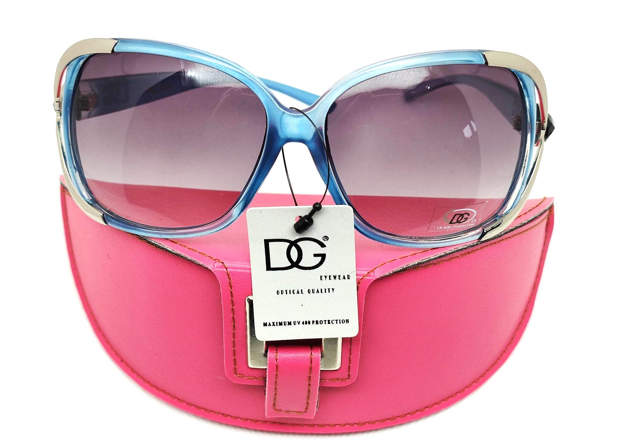 Oversized Oval Sunglasses: Blue Frame, Silver Rim, Pink Case  display picture 2