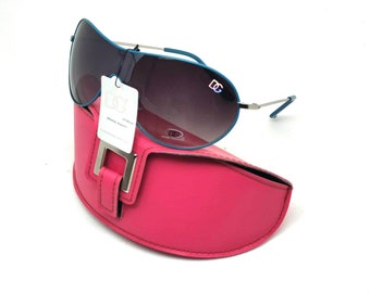 Lunettes de soleil aviateur bleues : style créateur avec étui rose