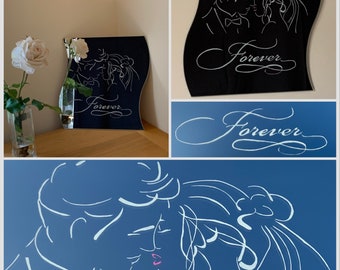 Wavy wall mounted mirror (30x30 cm) highlighted with white  loving groom and bride underlined by « Forever »