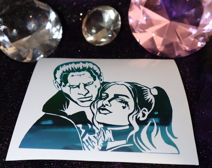 Featured listing image: Joker + Harley Vinyl Decal in Shimmering Holographic or Alternate Colors Made from Long-Lasting Quality Vinyl