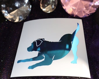 Playful Dog Vinyl Decal in Shimmering Holographic or Alternate Colors Made from Long-Lasting Quality Vinyl