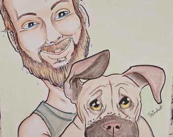 Caricature Portrait- 1 Face, 1 pet in color