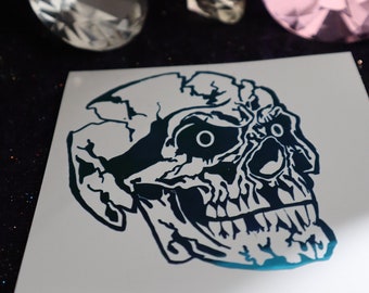 Grinning Skull Vinyl Decal in Shimmering Holographic or Alternate Colors Made from Long-Lasting Quality Vinyl