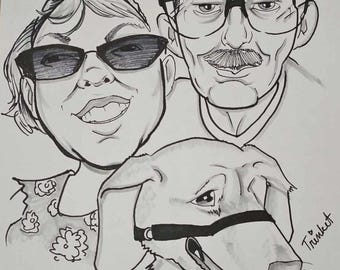 Caricature- 2 Faces with Animal in black and white