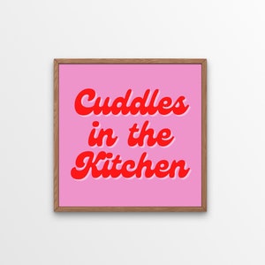 Cuddles In The Kitchen Art Print | Square, wall art, pink, retro, lyrics, quote, music, love, home decor, home accessories, colourful