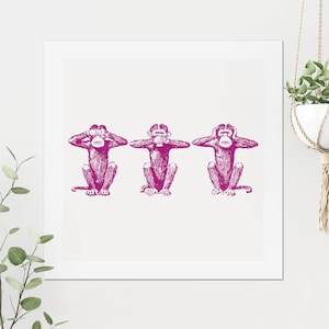 Three Wise Monkeys Art Print | Square wall art, home decor, home accessories, colourful, vintage, gift, pink, quirky, unusual