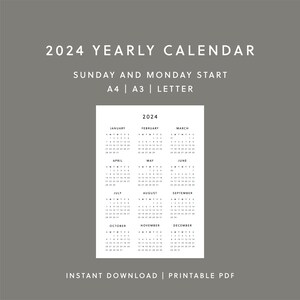 2024 Yearly Calendar Printable | 2024 Calendar, Instant Download, Year At a Glance, A3/A4/Letter Size, Sunday & Monday Start, Minimalist