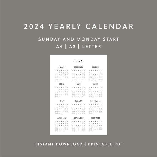 2024 Yearly Calendar Printable | 2024 Calendar, Instant Download, Year At a Glance, A3/A4/Letter Size, Sunday & Monday Start, Minimalist