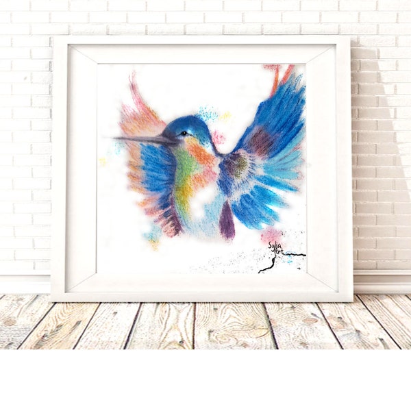 Impression d'art personnalisée, peinture à l'aquarelle, illustration colibri, oiseau, affiche personnalisée, tableau, décoration murale