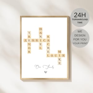 Impresión de Scrabble familiar personalizada, impresión de nombre de familia personalizada, regalo de aniversario para ella, impresión de Scrabble de crucigramas, regalo de Navidad para esposa