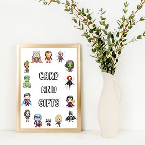 Cartão de super-herói e sinal de presentes, sinal de mesa de aniversário de super-herói, sinal personalizado, sinal de favores, sinal de boas-vindas de aniversário de super-herói, festa de menino e menina