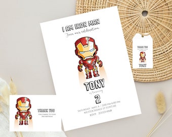 Invito di compleanno modificabile di Iron Man, modello di invito per il secondo compleanno di un supereroe, download immediato
