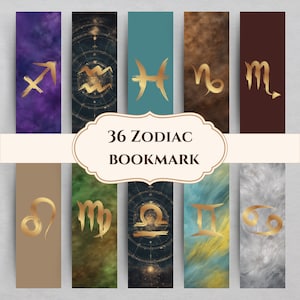 Zakładka astrologiczna do druku, prezent w postaci cyfrowej zakładki zodiaku, projekty dla miłośników książek, PDF, oddzielne pliki PNG, cyfrowa zakładka, natychmiastowe pobieranie