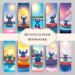 Marcador de página Stitch Pool Party para impressão, designs para amantes de livros, tamanho de letra digital 11x8,5 PDF, PNGs separados, marcador digital, download instantâneo