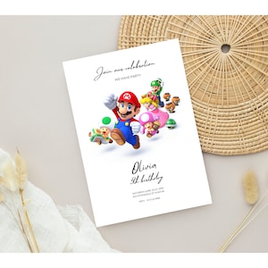 Modelo de convite de aniversário do Super Mario, convite de festa de aniversário para impressão, convite digital para festa infantil, cartão de agradecimento personalizado