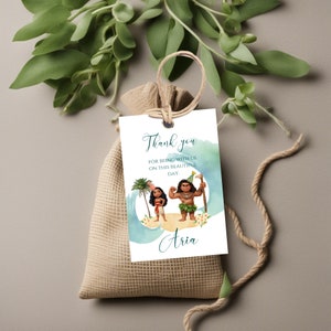 Modelo de etiqueta de agradecimento de aniversário Moana, modelo de convite digital personalizado para festa infantil, convite de etiqueta de agradecimento havaiano Moana, presente de aniversário