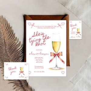 Editable She&#39;s Tying The Knot Bridal Shower Invitation, Modern Bow Bridal Brunch Invite, Minimal Champagne Wedding Shower Printable Template