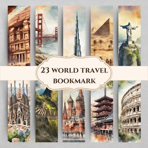 Welt Reise Lesezeichen druckbare, Aquarell Wahrzeichen Lesezeichen Geschenk, separate PNG Lesezeichen, PDF digitale Lesezeichen, sofortiger Download