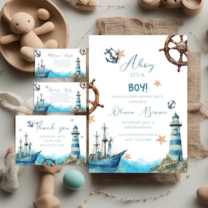 Nautical baby shower Invitation, Nautical baby shower theme, Sailor Baby shower invite,  Baby shower invitation template, Digital Printable