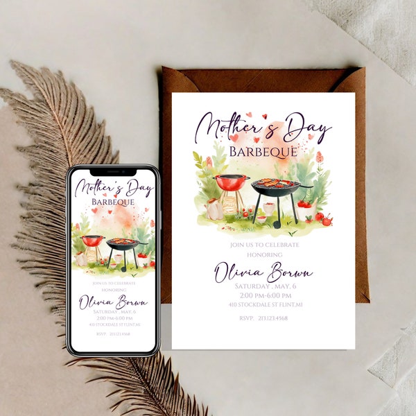 Editable Mother Day BBQ Invitation, Mothers Day Barbeque Invitation, Mom Day Brunch Party Evite, Editable Invitation,  Instant Download