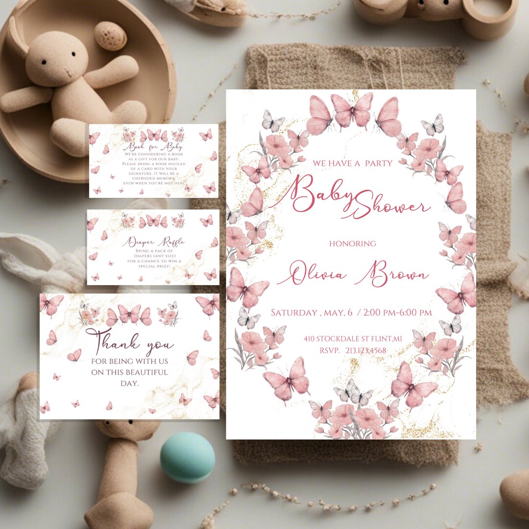 Pink Butterfly Baby Shower Inivtation Template Girl Butterflies Baby Pink Butterfly Baby Shower Inivtation Template Girl Butterflies Baby
