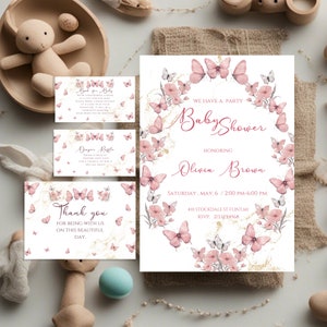 Pink Butterfly Baby Shower Inivtation Template, Girl Butterflies Baby Shower Party Invite, Printable Pink Decor Editable, Digital Download
