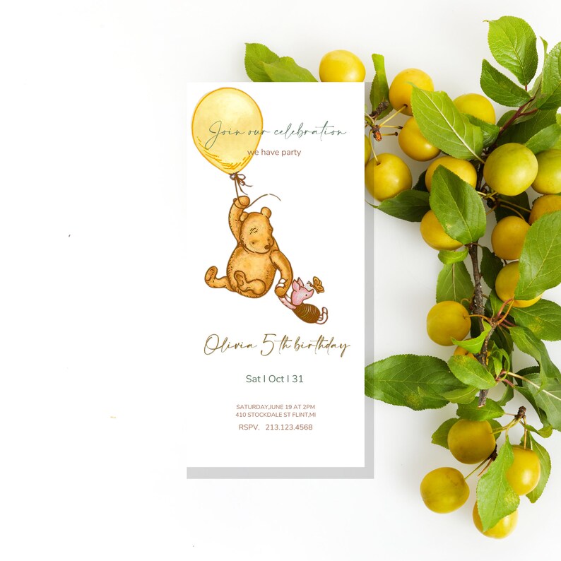Winnie the Pooh Evite, Classic Winnie the Pooh Birthday Evite