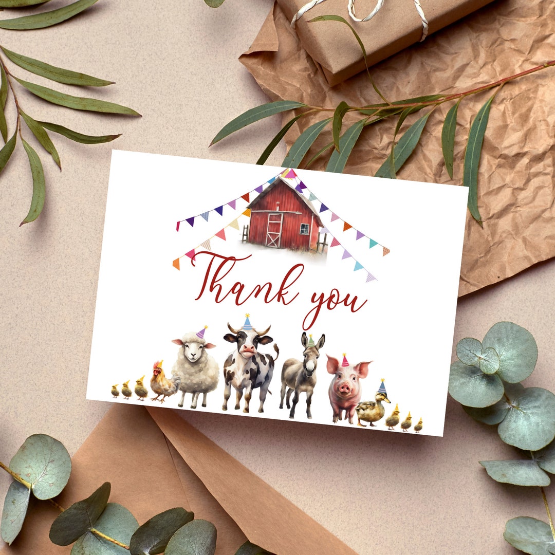 Red Farm Animals Thank You Card, Editable Farm Animals Party Gift Card ...
