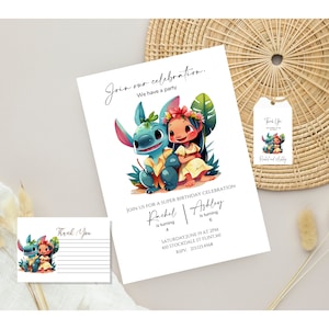 Puede incluir: Una invitación a una fiesta de cumpleaños para Rachel, que cumple 4 años, y Ashley, que cumple 6 años. La invitación presenta una imagen de dibujos animados de Stitch y Lilo de la película de Disney Lilo & Stitch. La invitación incluye la fecha, la hora y el lugar de la fiesta. El texto de la invitación dice: "Únete a nuestra celebración. Tenemos una fiesta. Únase a nosotros para una súper celebración de cumpleaños. Rachel cumple 4 años. Ashley cumple 6 años. Sábado 19 de junio a las 2:00 PM. 410 Stockdale St Flint MI. RSVP. 213123.4568."