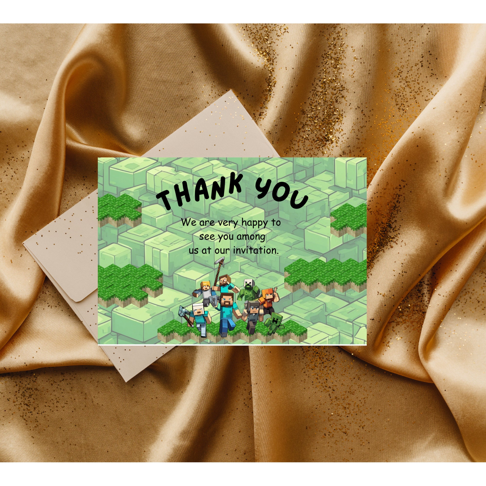 Minecarft Birthday Thank You Card, Minecarft Minimal Thank You Card ...