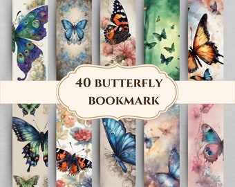 Butterfly Bookmark Printable, 40 Digital Bookmark Gift, Book Lovers Designs, Butterfly Digital Letter PDF, Separate PNG, Instant Download