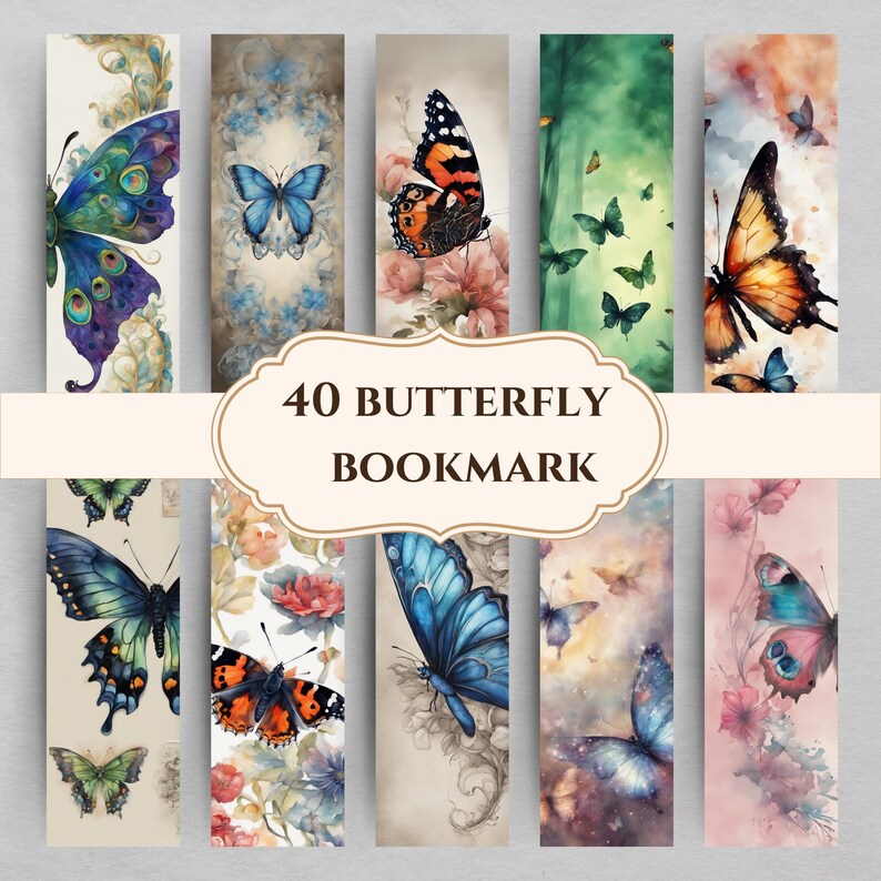 Butterfly Bookmark Printable, 40 Digital Bookmark Gift, Book Lovers Designs, Butterfly Digital Letter PDF, Separate PNG, Instant Download zdjęcie 1