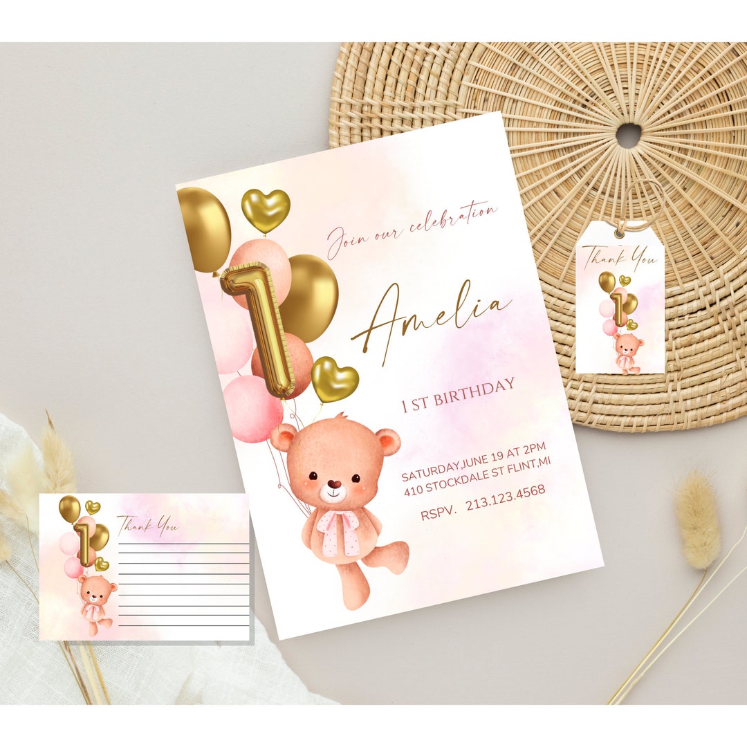 Editable Girl Teddy Bear Birthday Invitation, 1st Birthday Invitation ...