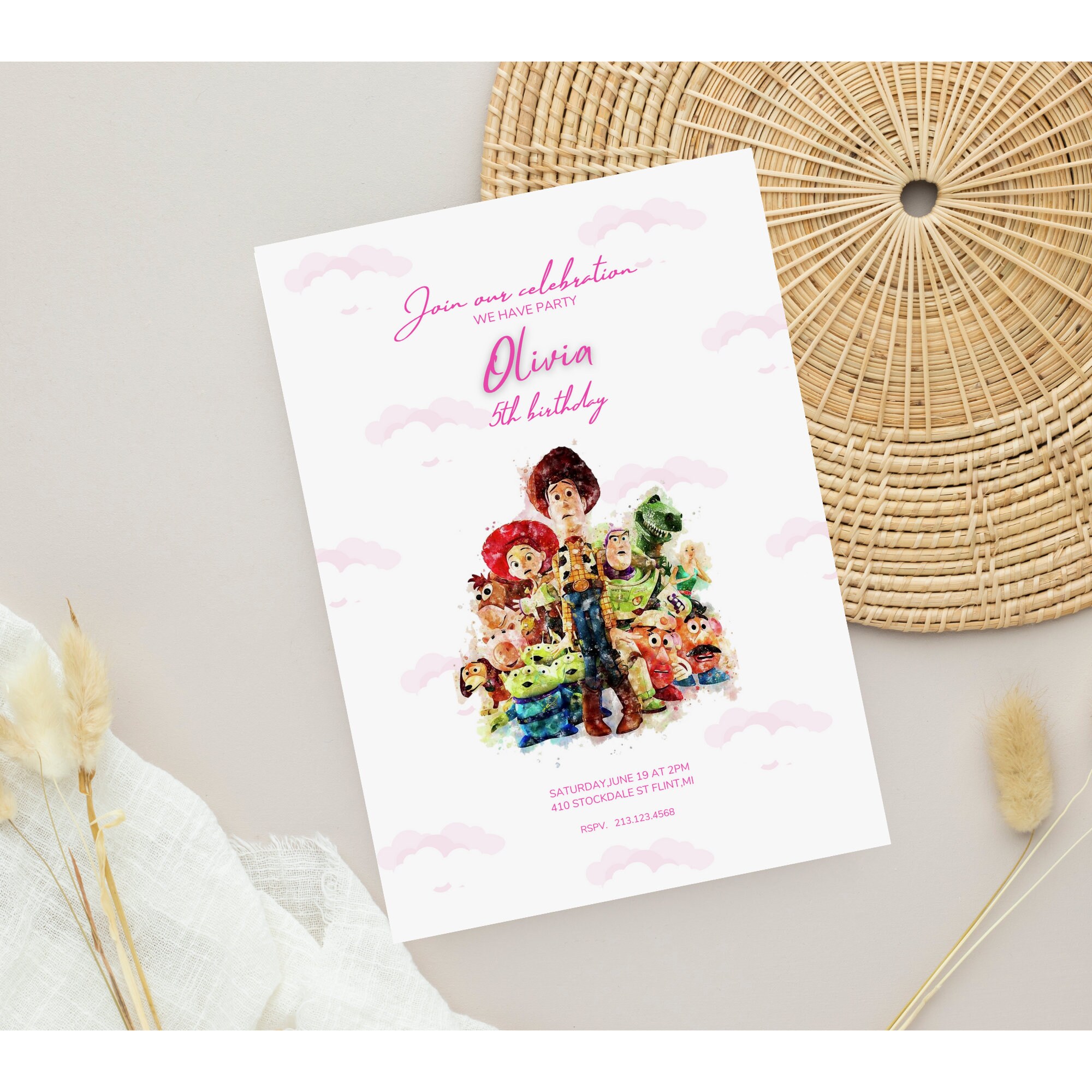 Toy Story Birthday Invitation Pink Two Infinity and Beyond Invitation Kids Birthday invites Watercolor Toy Story Invitation