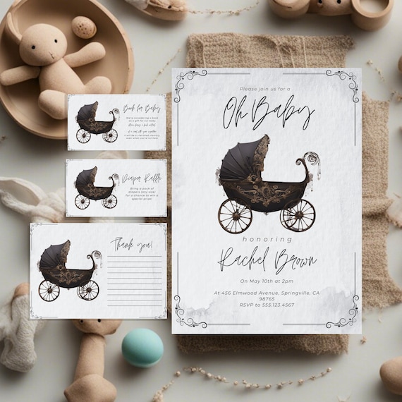 Gothic Gender Neutral Baby Shower Invitation Bundle, Halloween Neutral Nursery Baby Shower Digital Template, Bassinet Baby Instant Download